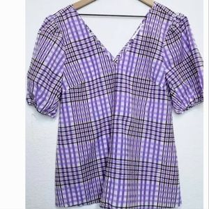 Mare Mare X Anthropologie Plaid Tunic Top Purple White Size XS Short Puff Sleeve